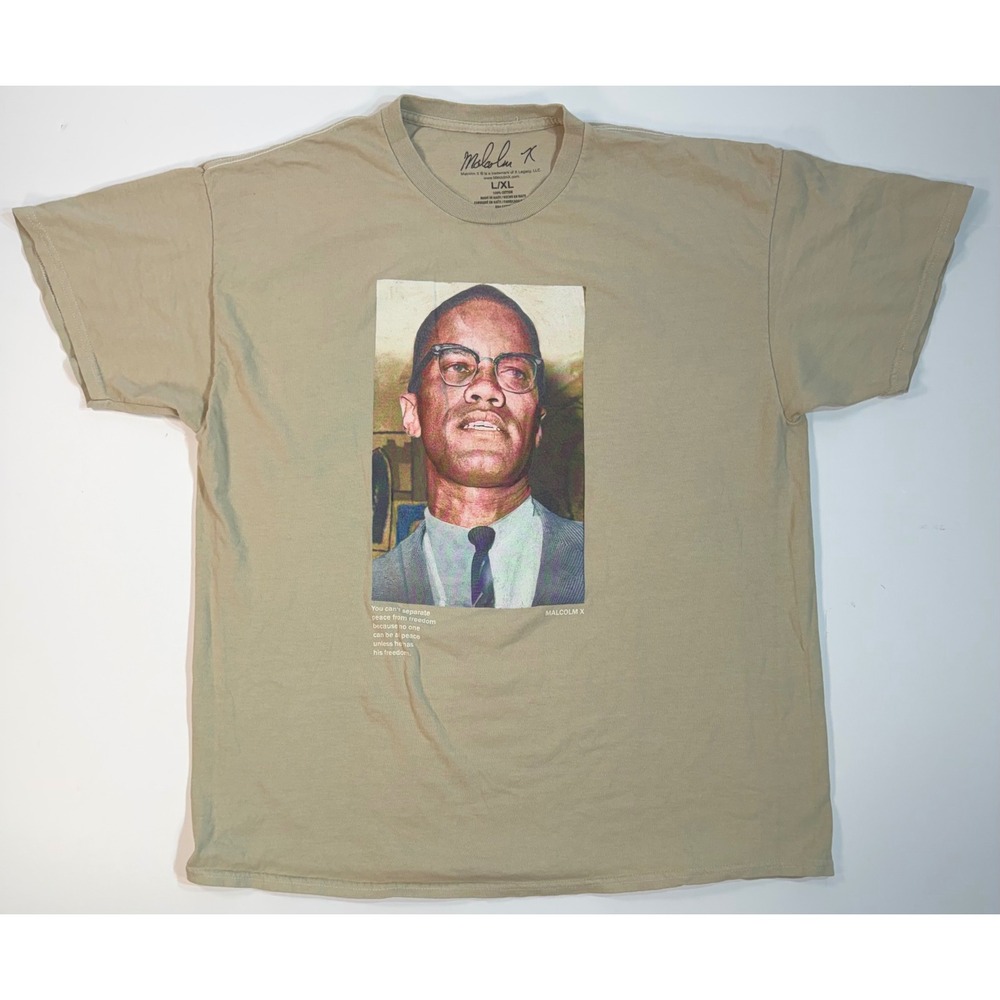 Malcolm X Graphic Portrait T-Shirt Tan Khaki Mens Size L/XL Civil Rights Tee